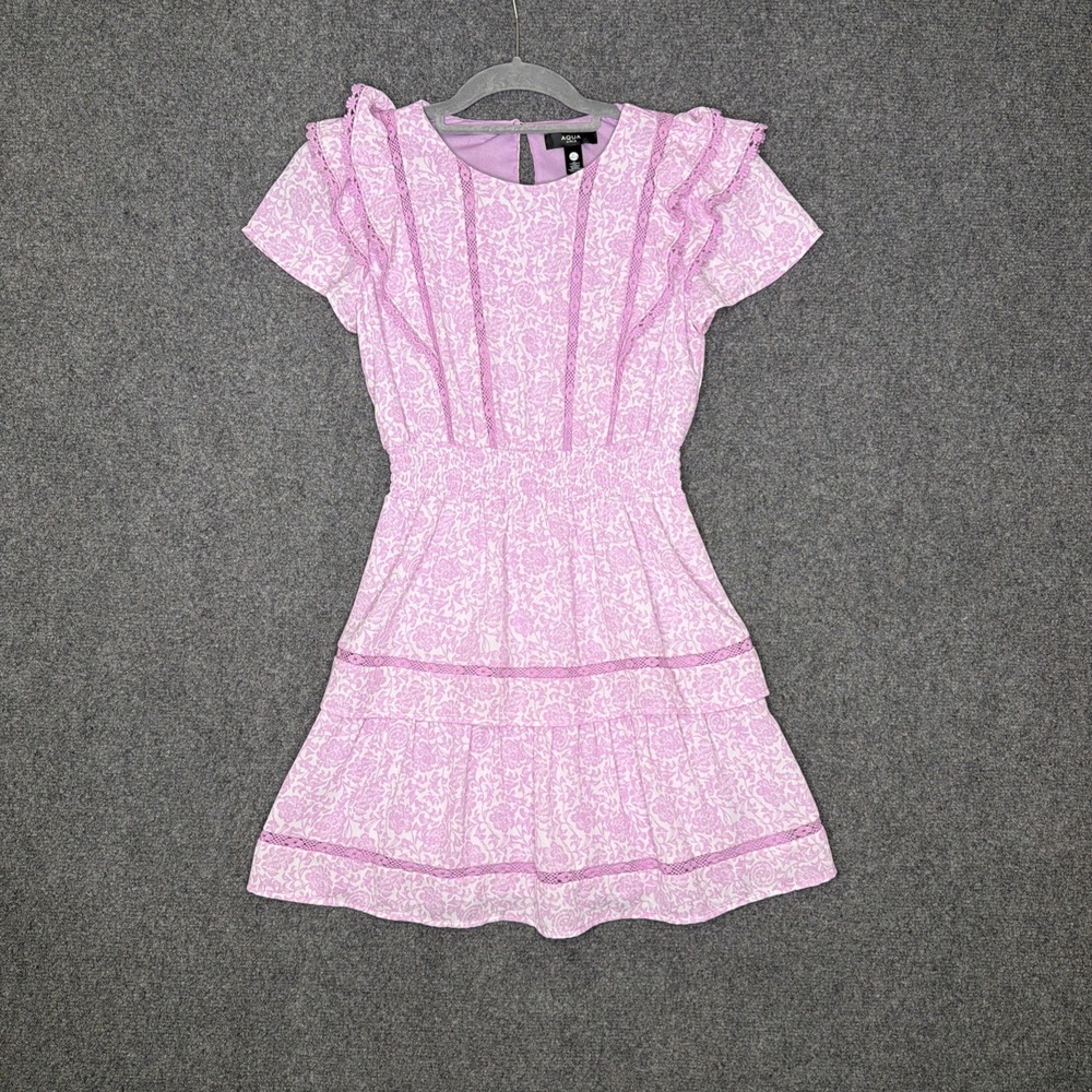 Aqua Kids Purple Floral Short Sleeve Lace Dress Girls Size Large 10/12